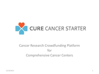 Cancer Research Crowdfunding Platform
                               for
                 Comprehensive Cancer Centers


12/10/2012                                           1
 