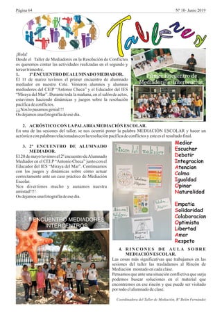 Ta
l
leres¡Hola!
Desde el Taller de Mediadores en la Resolución de Conflictos
os queremos contar las actividades realizadas en el segundo y
tercertrimestre.
1. 1º ENCUENTRO DEALUMNADO MEDIADOR.
El 11 de marzo tuvimos el primer encuentro de alumnado
mediador en nuestro Cole. Vinieron alumnos y alumnas
mediadores del CEIP “Antonio Checa” y el Educador del IES
“Miraya del Mar”. Durante toda la mañana, en el salón de actos,
estuvimos haciendo dinámicas y juegos sobre la resolución
pacíficadeconflictos.
¡¡¡Nos lopasamosgenial!!!
Os dejamosunafotografíadeesedía.
2. ACRÓSTICO CON LAPALABRAMEDIACIÓN ESCOLAR.
En una de las sesiones del taller, se nos ocurrió poner la palabra MEDIACIÓN ESCOLAR y hacer un
acrósticoconpalabrasrelacionadasconlaresoluciónpacíficadeconflictosy estees elresultadofinal.
M
E
D
I
A
C
I
O
N
E
S
C
O
L
A
R
ediar
scuchar
ebatir
ntegracion
tencion
alma
gualdad
pinar
aturalidad
mpatia
olidaridad
olaboracion
ptimista
ibertad
mor
espeto
3. 2º ENCUENTRO DE ALUMNADO
MEDIADOR.
El 20 de mayo tuvimos el 2º encuentro deAlumnado
Mediador en el CEI.P “Antonio Checa” junto con el
Educador del IES “Miraya del Mar”. Continuamos
con los juegos y dinámicas sobre cómo actuar
correctamente ante un caso práctico de Mediación
Escolar.
Nos divertimos mucho y aunamos nuestra
amistad!!!!
Os dejamosunafotografíadeesedía.
4. R I N C O N E S D E A U L A S O B R E
MEDIACIÓN ESCOLAR.
Las cosas más significativas que trabajamos en las
sesiones del taller las trasladamos al Rincón de
Mediación montadoencadaclase.
Pensamos que ante una situación conflictiva que surja
podemos buscar soluciones en el material que
encontremos en ese rincón y que puede ser visitado
por todoelalumnadodeclase.
Coordinadora del Taller de Mediación, Rº Belén Fernández
Página 64 Nº 10- Junio 2019
 