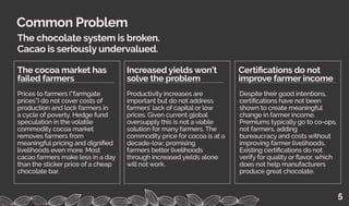 Prices to farmers (“farmgate
prices”) do not cover costs of
production and lock farmers in
a cycle of poverty. Hedge fund
speculation in the volatile
commodity cocoa market
removes farmers from
meaningful pricing and dignified
livelihoods even more. Most
cacao farmers make less in a day
than the sticker price of a cheap
chocolate bar.
The cocoa market has
failed farmers
Despite their good intentions,
certifications have not been
shown to create meaningful
change in farmer income.
Premiums typically go to co-ops,
not farmers, adding
bureaucracy and costs without
improving farmer livelihoods.
Existing certifications do not
verify for quality or flavor, which
does not help manufacturers
produce great chocolate.
Certifications do not
improve farmer income
Productivity increases are
important but do not address
farmers’ lack of capital or low
prices. Given current global
oversupply this is not a viable
solution for many farmers. The
commodity price for cocoa is at a
decade-low; promising
farmers better livelihoods
through increased yields alone
will not work.
Increased yields won’t
solve the problem
The chocolate system is broken.
Cacao is seriously undervalued.
Common Problem
5
 
