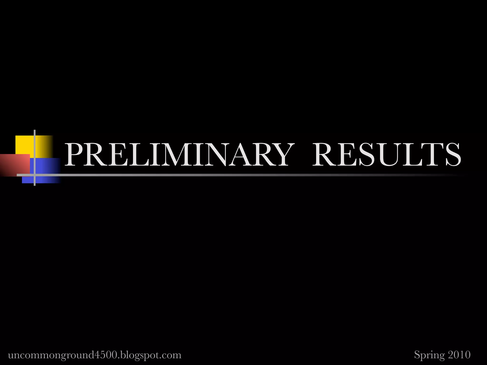PRELIMINARY RESULTS




uncommonground4500.blogspot.com   Spring 2010
 