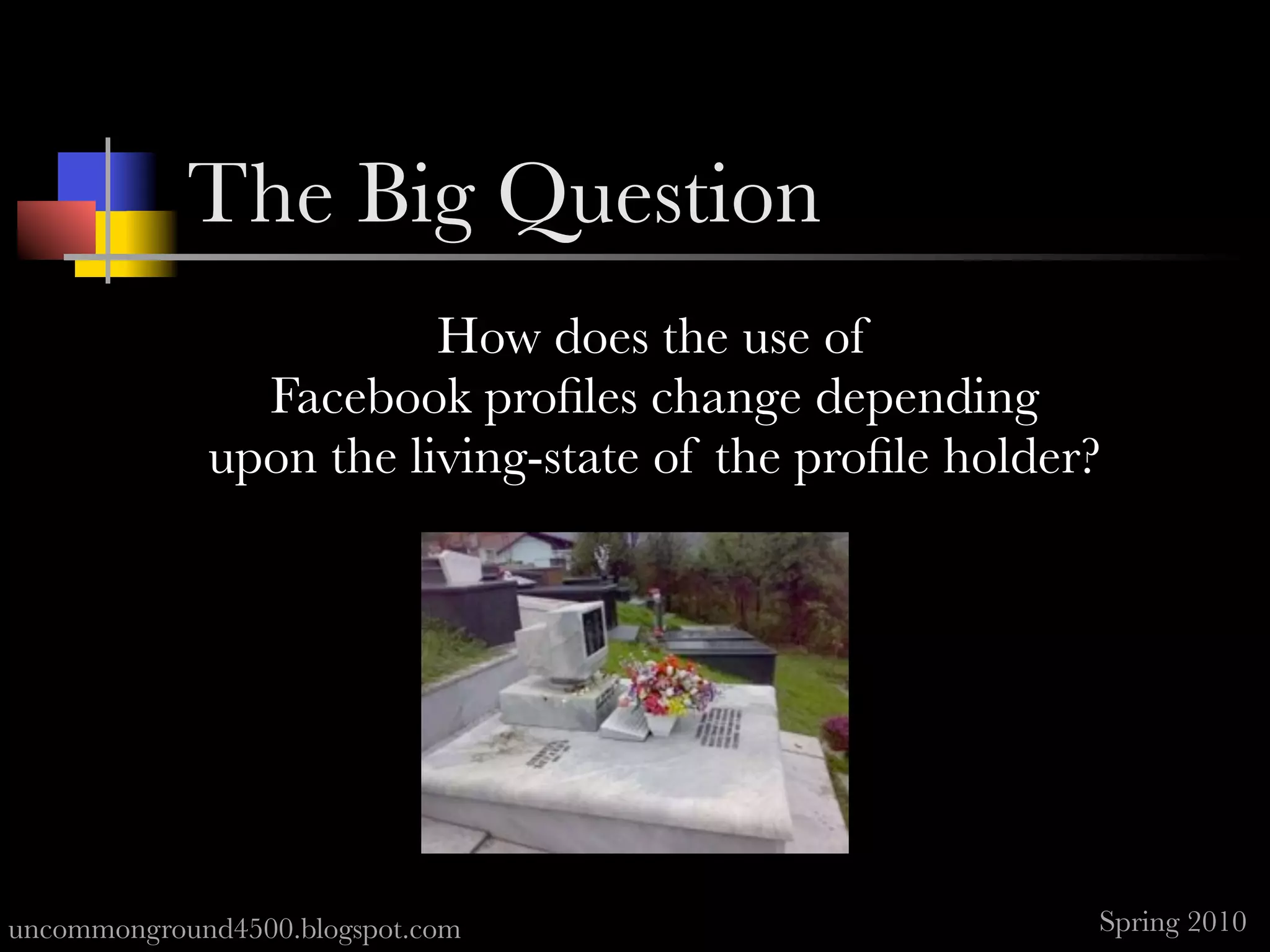 The Big Question
                        How does the use of
               Facebook proﬁles change depending
             upon the living-state of the proﬁle holder?




uncommonground4500.blogspot.com                        Spring 2010
 