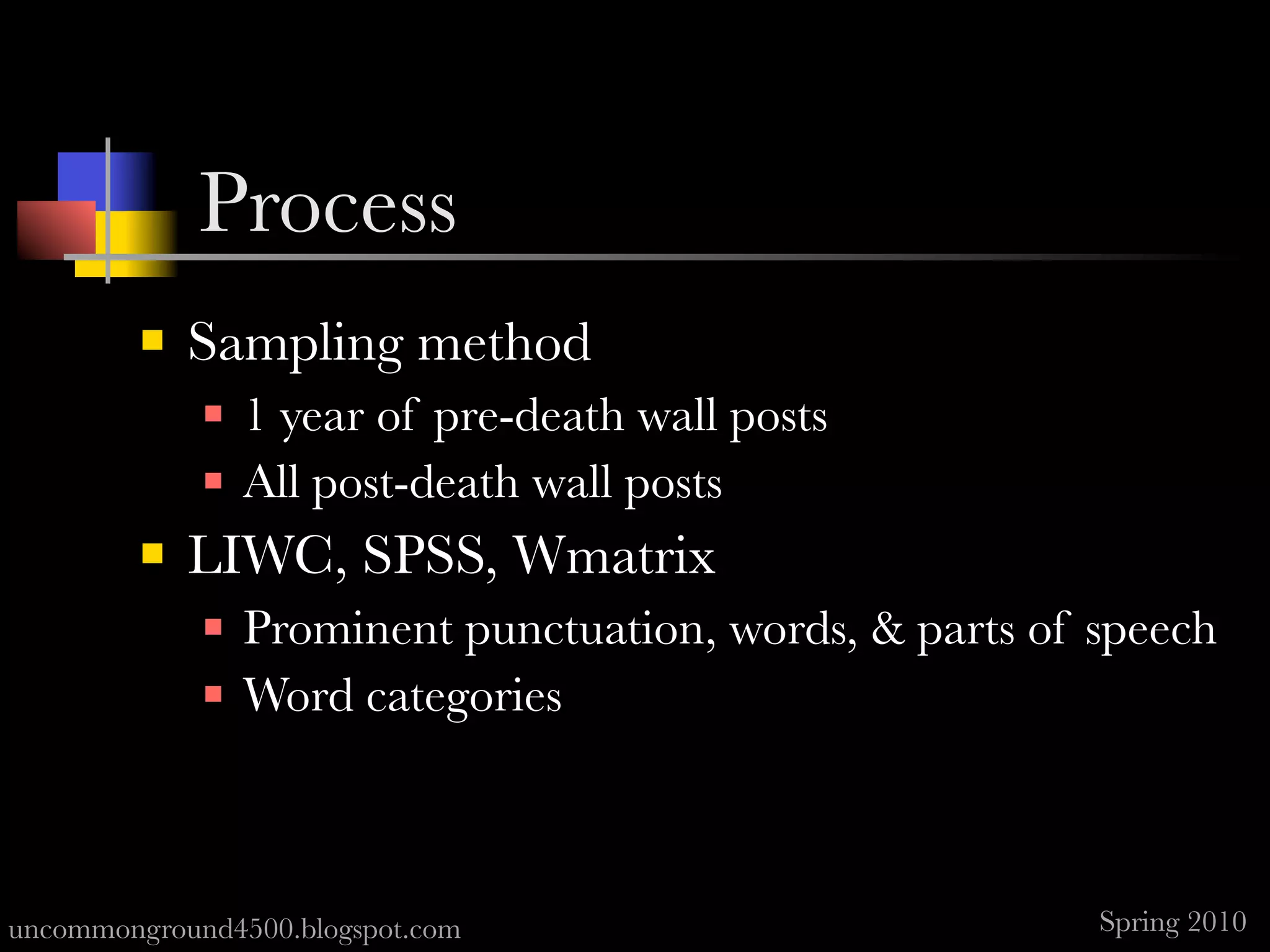 Process
            Sampling method
                1 year of pre-death wall posts
                All post-death wall posts
            LIWC, SPSS, Wmatrix
                Prominent punctuation, words, & parts of speech
                Word categories



uncommonground4500.blogspot.com                           Spring 2010
 