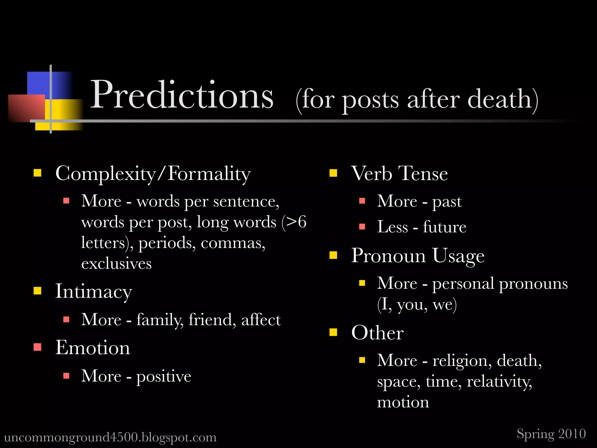 Predictions                    (for posts after death)

       Complexity/Formality                      Verb Tense
           More - words per sentence,                More - past
            words per post, long words (>6            Less - future
            letters), periods, commas,
            exclusives                            Pronoun Usage
       Intimacy
                                                      More - personal pronouns
                                                       (I, you, we)
           More - family, friend, affect
                                                  Other
       Emotion                                       More - religion, death,
           More - positive                            space, time, relativity,
                                                       motion
uncommonground4500.blogspot.com                                            Spring 2010
 