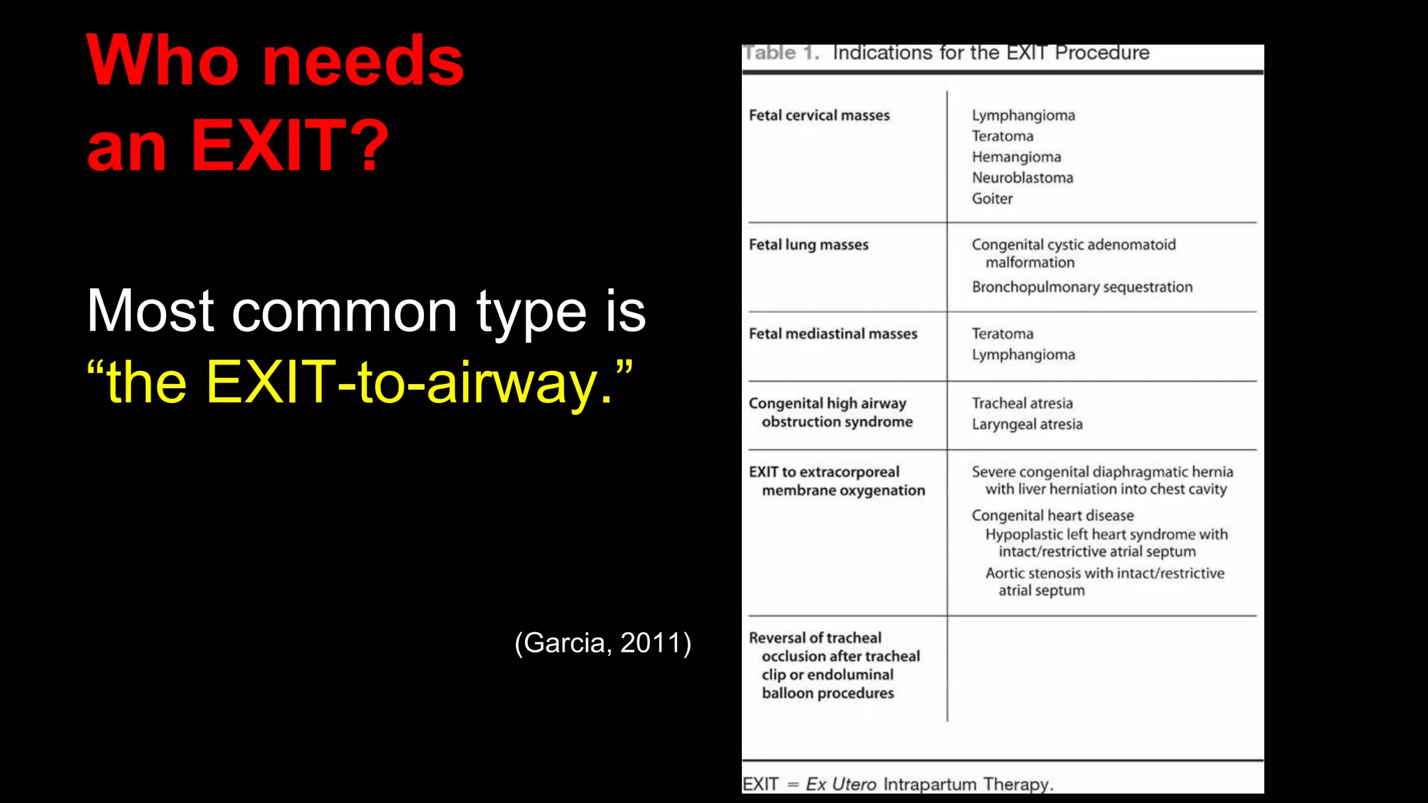 Who needs
an EXIT?
Most common type is
“the EXIT-to-airway.”
(Garcia, 2011)
 