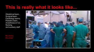 This is really what it looks like...
Obstetrical team,
Surgical team,
Cardiology teams,
Pediatric team,
Anesthesia (x1-2),
Nursing,
and auxiliary staff
No chairs
this time!
 