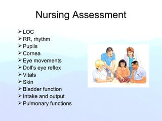 Nursing Assessment
LOC
RR, rhythm
Pupils
Cornea
Eye movements
Doll’s eye reflex
Vitals
Skin
Bladder function
Intake and output
Pulmonary functions
 
