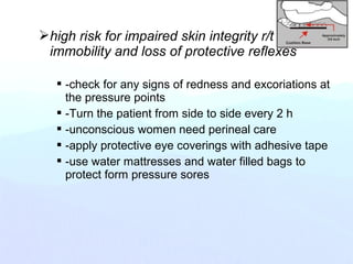 high risk for impaired skin integrity r/t
immobility and loss of protective reflexes
 -check for any signs of redness and excoriations at
the pressure points
 -Turn the patient from side to side every 2 h
 -unconscious women need perineal care
 -apply protective eye coverings with adhesive tape
 -use water mattresses and water filled bags to
protect form pressure sores
 