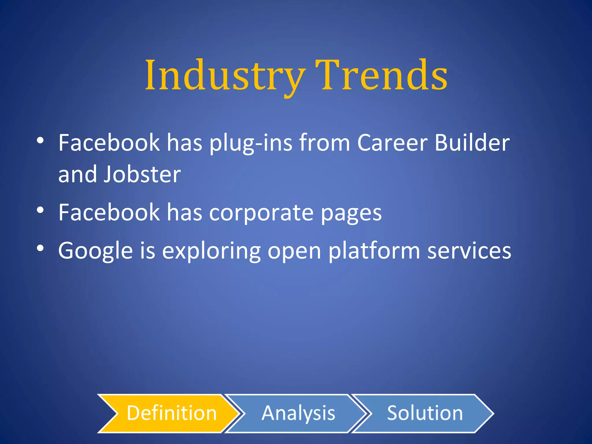 Industry Trends
• Facebook has plug-ins from Career Builder
  and Jobster
• Facebook has corporate pages
• Google is exploring open platform services
 