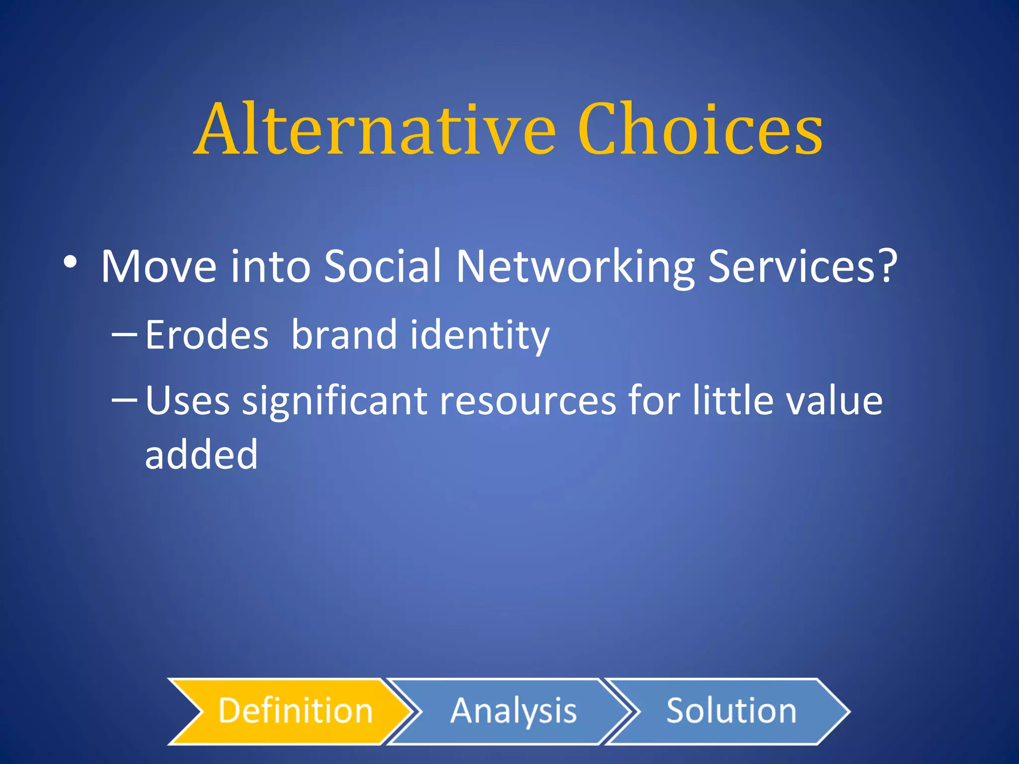 Alternative Choices
• Move into Social Networking Services?
  – Erodes brand identity
  – Uses significant resources for little value
    added
 