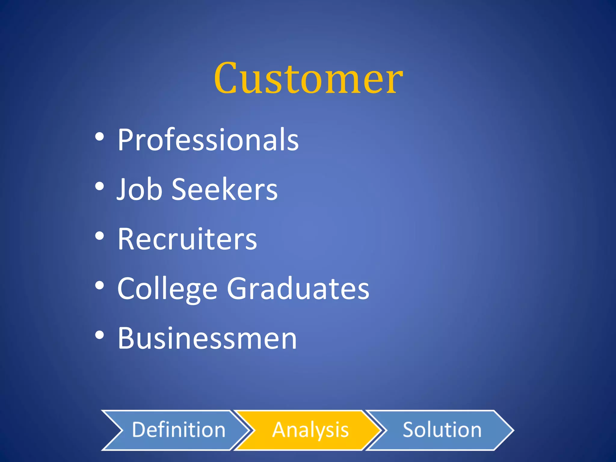 Customer
•   Professionals
•   Job Seekers
•   Recruiters
•   College Graduates
•   Businessmen
 