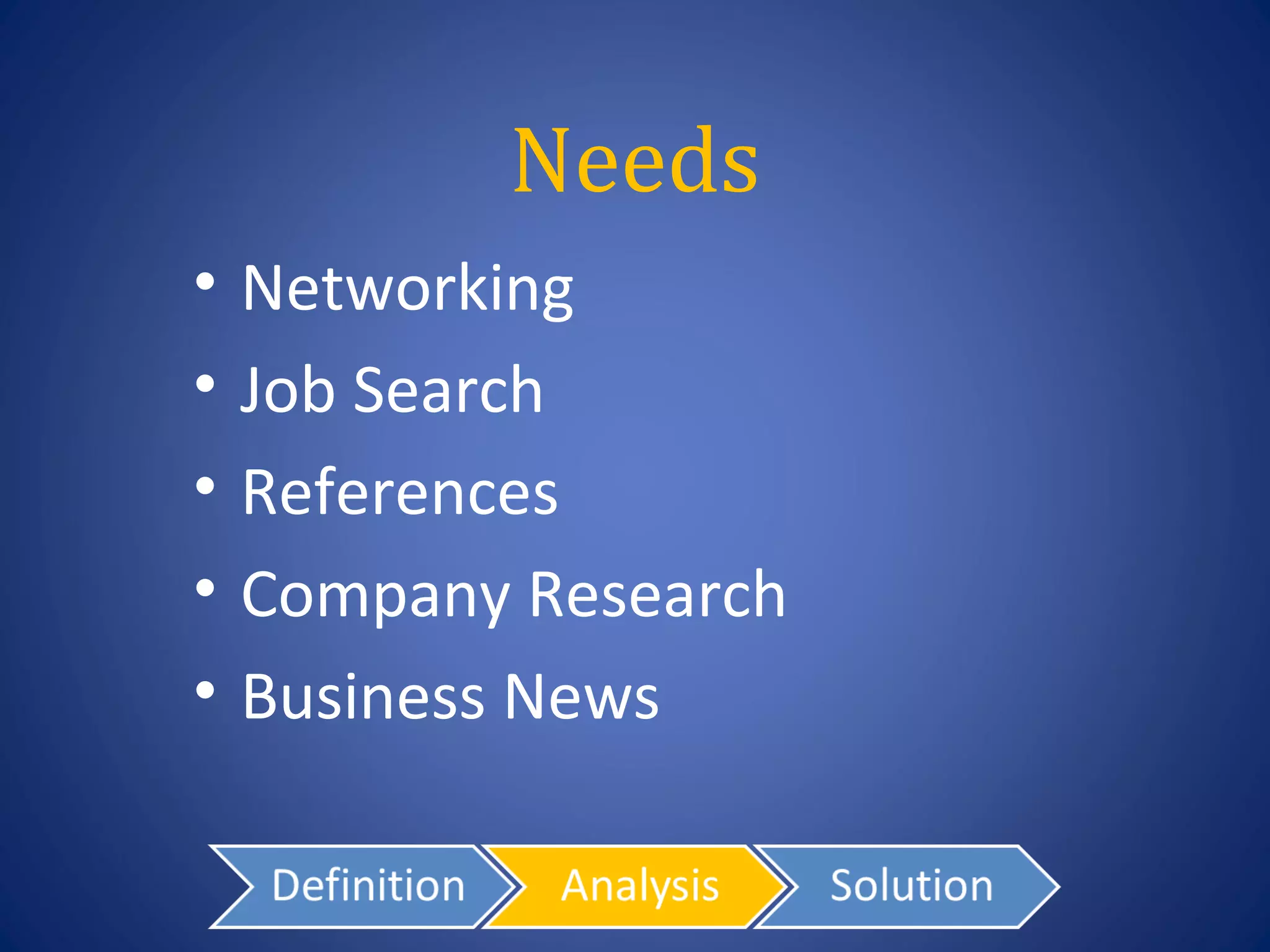 Needs
•   Networking
•   Job Search
•   References
•   Company Research
•   Business News
 