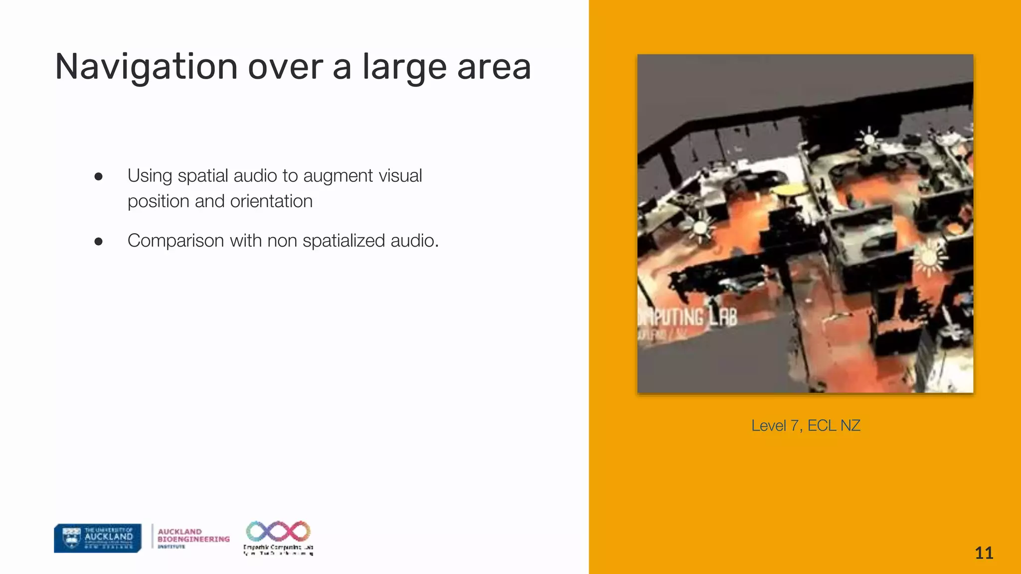 Navigation over a large area
● Using spatial audio to augment visual
position and orientation
● Comparison with non spatialized audio.
11
Level 7, ECL NZ
 
