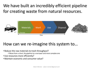 We have built an incredibly efficient pipeline
for creating waste from natural resources.


                     Materials         Manf.          Use           Disposal

                  Flowrate
                                            Time




How can we re-imagine this system to…
• Reduce the raw materials to trash throughput?
    Move from a short, fat pipeline to a narrower and more complex one
• Use resources more efficiently?
• Maintain economic and consumer value?


                                    Adam Menter - adam.menter@gmail.com
 