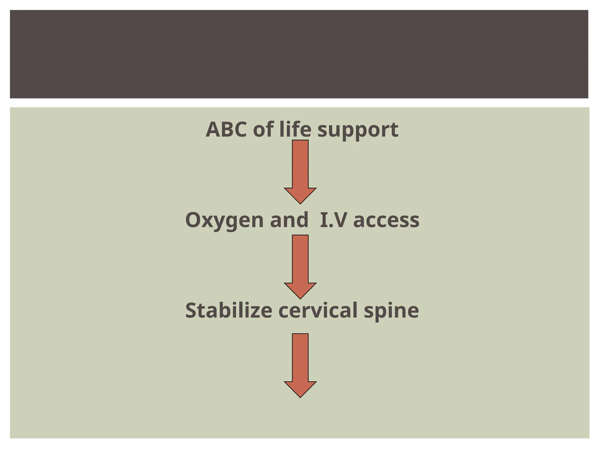 ABC of life support
Oxygen and I.V access
Stabilize cervical spine
 