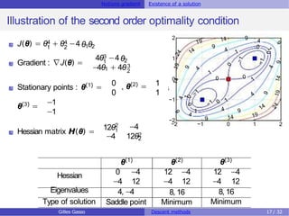 Notions gradient Existence of a solution
Illustration of the second order optimality condition
4 4
1 2
J(θ) = θ + θ −4 θ θ
1 2
Gradient : ∇J(θ) =
3
1
4θ −4θ2
−4θ1 + 4θ3
2
Stationary points : θ(1)
=
0
0
, θ(2)
= 1
1
and
θ(3)
=
−1
−1
Hessian matrix H(θ) =
12θ2
1
−4
2
−4 12θ2
−2 −1 0 1 2
−2
−1
0
1
2
θ(1)
θ(2) θ(3)
0 −4
−4 12
12 −4
−4 12
12 −4
−4 12
Hessian
Eigenvalues 4,−4 8,16 8,16
Type of solution Saddle point Minimum Minimum
Gilles Gasso Descent methods 17 / 32
 
