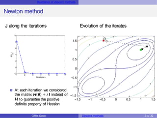 Illustration of descent methods
Newton method
J along the iterations Evolution of the iterates
1 2 6 7
−2
0
2
4
6
8
10
3 4 5
Itérations k
(k)
J(
)
H to guarantee the positive
definite property of Hessian

0
−1.5 −1 −0.5 0 0.5 1 1.5
At each iteration we considered
the matrix H(θ) + λ I instead of −1.5
−1
−0.5
0
0.5
1
1.5
Gilles Gasso Descent methods 31 / 32
 