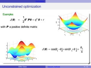 Formulation
Unconstrained optimization
Examples
1
J(θ) = θT Pθ + qT θ + r
2
with P a positive definite matrix
−1
0
1
2
−2 −2
0
4
2
4.5
5
5.5
6

1

2
J()
0
2
4
6
0
2
4
−2
6
2
1
J
θ
(θ) = cos(θ −θ)+sin(θ +θ )+ 1
0
1 2 1 2
4
−1
Gilles Gasso Descent methods 4/ 32
 