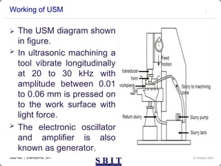 Working of USM
 The USM diagram shown
in figure.
 In ultrasonic machining a
tool vibrate longitudinally
at 20 to 30 kHz with
amplitude between 0.01
to 0.06 mm is pressed on
to the work surface with
light force.
 The electronic oscillator
and amplifier is also
known as generator.
12 October 2023
<slide Title> | CONFIDENTIAL 2011
 