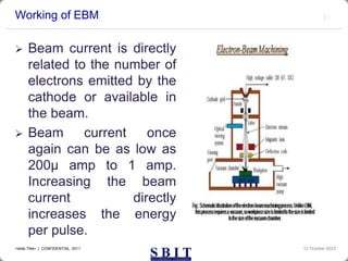 Working of EBM
 Beam current is directly
related to the number of
electrons emitted by the
cathode or available in
the beam.
 Beam current once
again can be as low as
200μ amp to 1 amp.
Increasing the beam
current directly
increases the energy
per pulse.
12 October 2023
<slide Title> | CONFIDENTIAL 2011
 