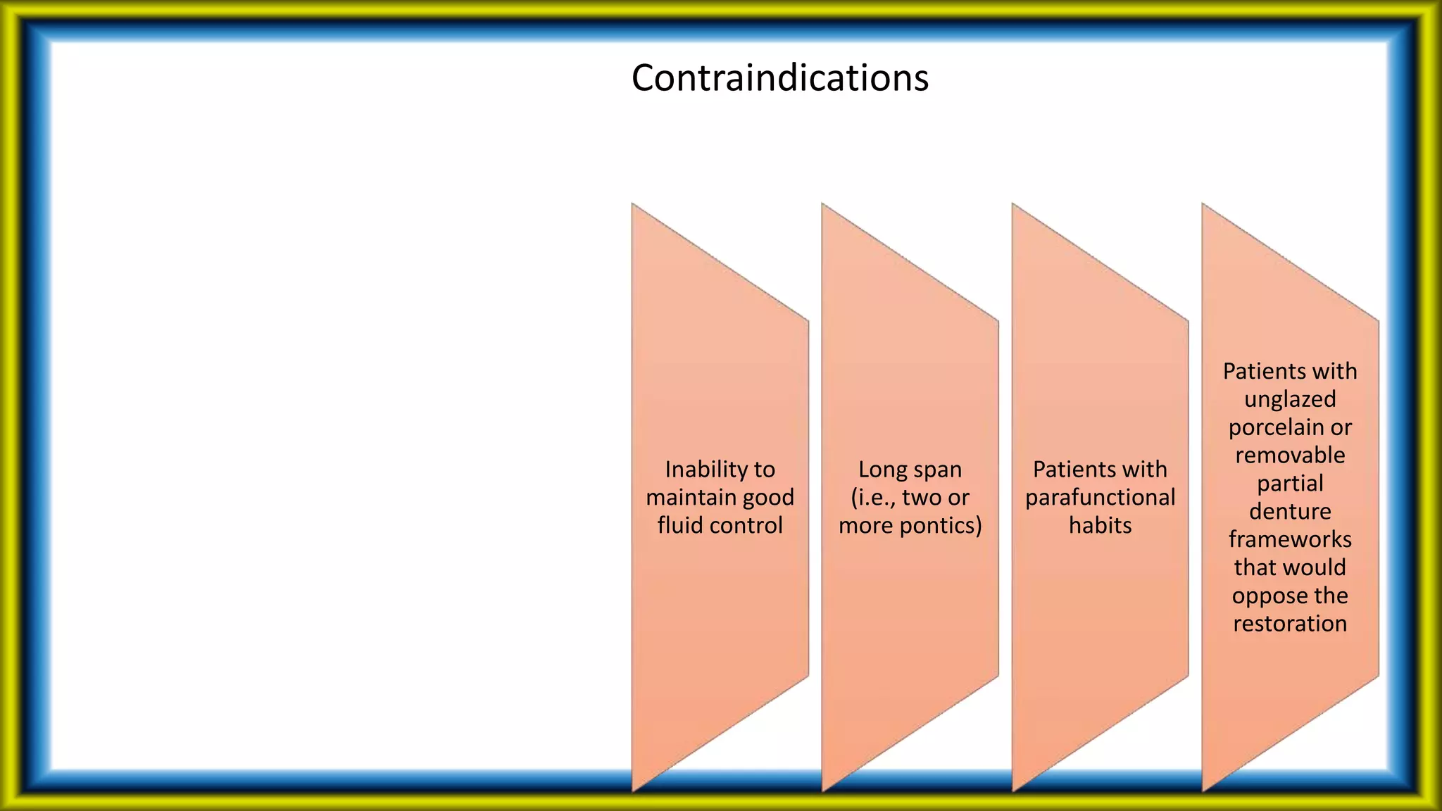 Contraindications
Inability to
maintain good
fluid control
Long span
(i.e., two or
more pontics)
Patients with
parafunctional
habits
Patients with
unglazed
porcelain or
removable
partial
denture
frameworks
that would
oppose the
restoration
 