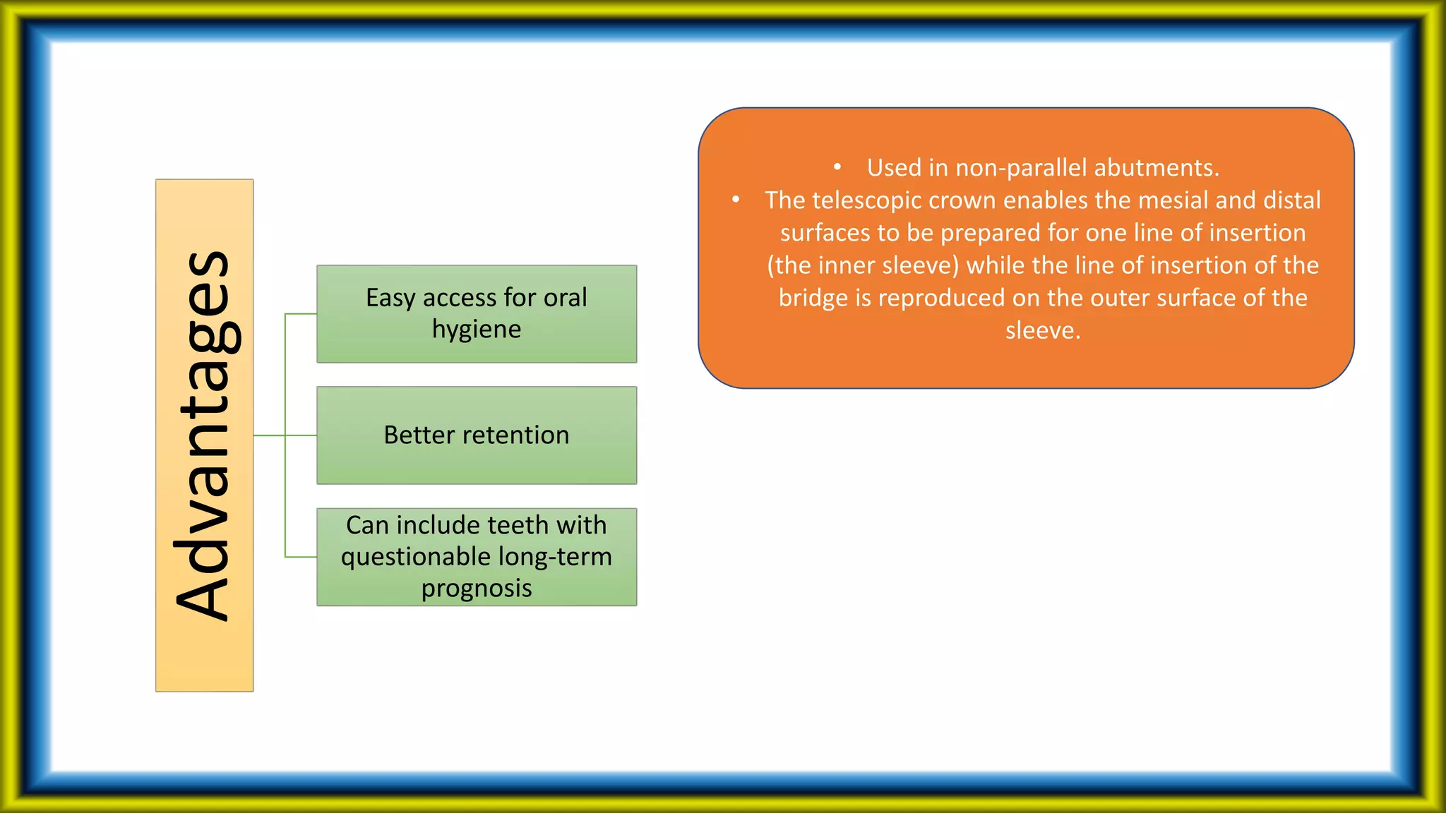 • Used in non-parallel abutments.
• The telescopic crown enables the mesial and distal
surfaces to be prepared for one line of insertion
(the inner sleeve) while the line of insertion of the
bridge is reproduced on the outer surface of the
sleeve.
Advantages
Easy access for oral
hygiene
Better retention
Can include teeth with
questionable long-term
prognosis
 