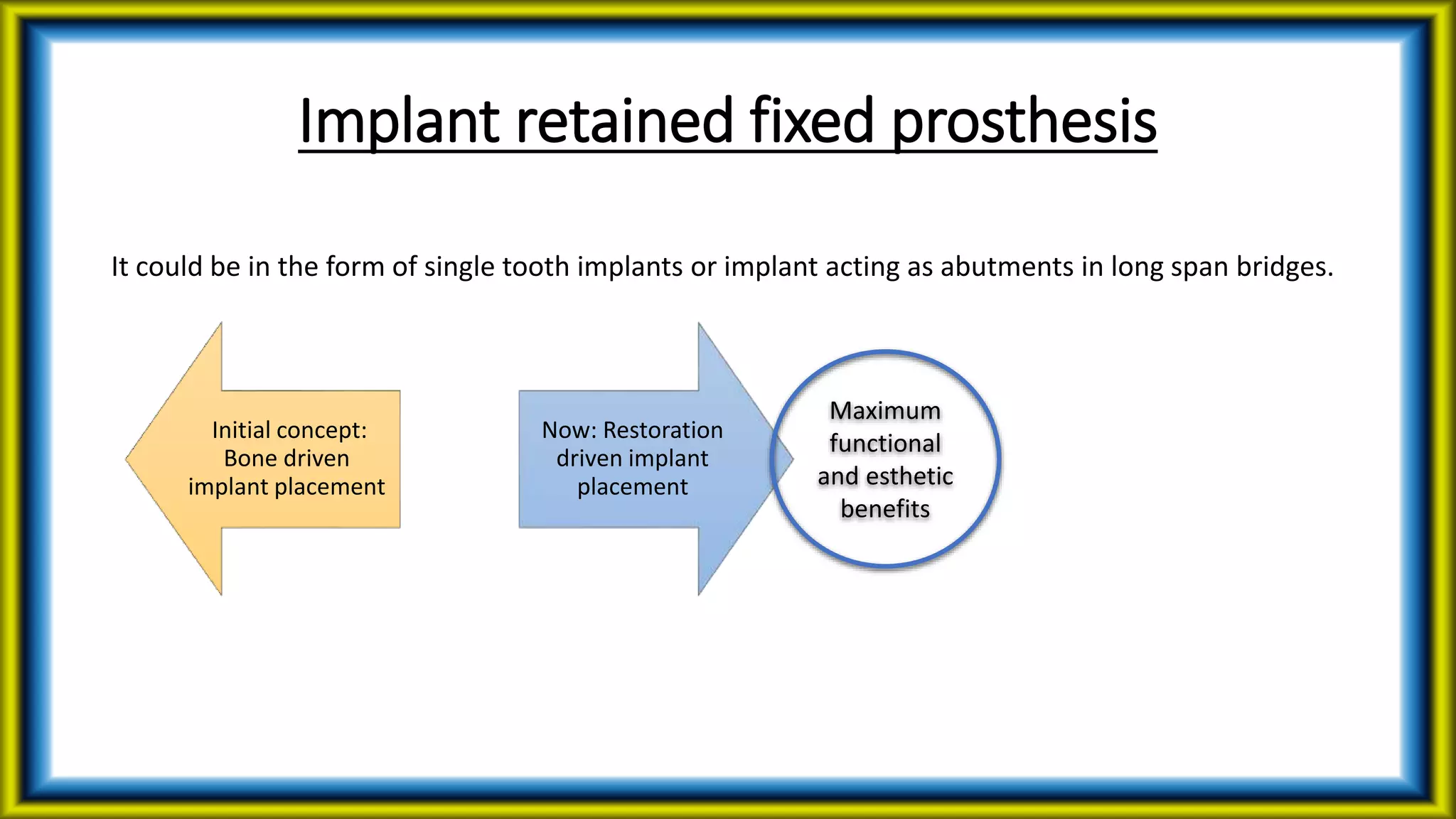 Implant retained fixed prosthesis
It could be in the form of single tooth implants or implant acting as abutments in long span bridges.
Initial concept:
Bone driven
implant placement
Now: Restoration
driven implant
placement
Maximum
functional
and esthetic
benefits
 