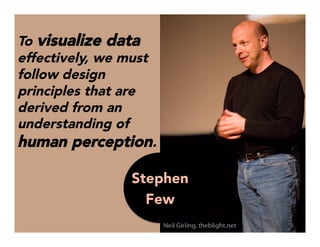 To visualize data
effectively, we must
follow design
principles that are
derived from an
understanding of
human perception.



 Stephen
Few
 