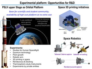 PSLV Orbital Platform
PSLV upper Stage as Orbital Platform
Boon for scientific and student community;
availability of high cost platform at no extra cost
Experiments:
• Studies for Human Spaceflight
• Quantum technology
• Plant growth
• Robotic arm
• 3D printing in space
• Rendezvous & Docking
• Thermospheric study Instruments
• Experiments by private entities
Experimental platform: Opportunities for R&D
Space 3D printing initiatives
Space Robotics
3-axis stabilized
micro gravity
environment
Power & telemetry
with standard
interfaces &
reserved bandwidth
 
