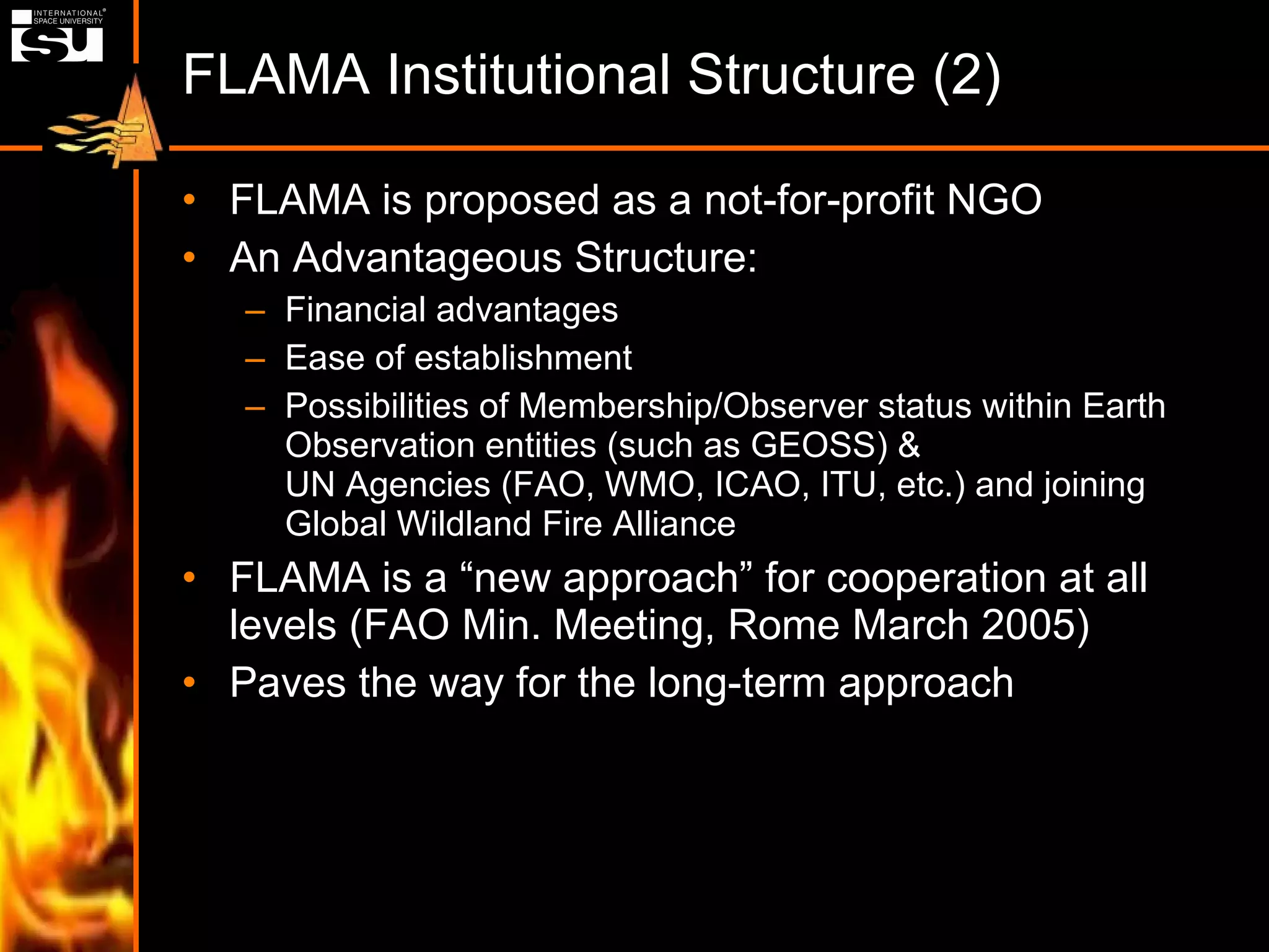 FLAMA Institutional Structure (2) FLAMA is proposed as a not-for-profit NGO An Advantageous Structure: Financial advantages Ease of establishment Possibilities of Membership/Observer status within Earth Observation entities (such as GEOSS) &  UN Agencies (FAO, WMO, ICAO, ITU, etc.) and joining Global Wildland Fire Alliance FLAMA is a “new approach” for cooperation at all levels (FAO Min. Meeting, Rome March 2005) Paves the way for the long-term approach 