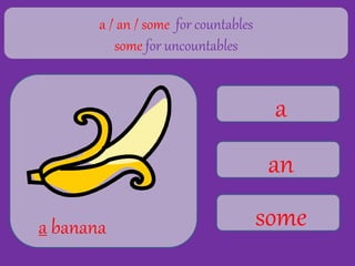 a
an
some
a banana
a / an / some for countables
some for uncountables
 