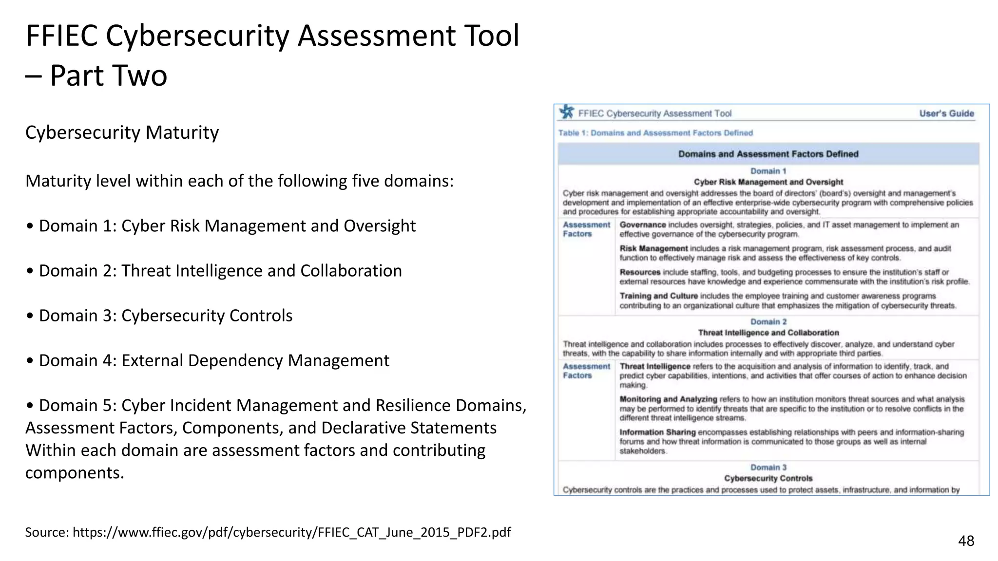 FFIEC Cybersecurity Assessment Tool
– Part Two
Cybersecurity Maturity
Maturity level within each of the following five domains:
• Domain 1: Cyber Risk Management and Oversight
• Domain 2: Threat Intelligence and Collaboration
• Domain 3: Cybersecurity Controls
• Domain 4: External Dependency Management
• Domain 5: Cyber Incident Management and Resilience Domains,
Assessment Factors, Components, and Declarative Statements
Within each domain are assessment factors and contributing
components.
Source: https://www.ffiec.gov/pdf/cybersecurity/FFIEC_CAT_June_2015_PDF2.pdf
48
 