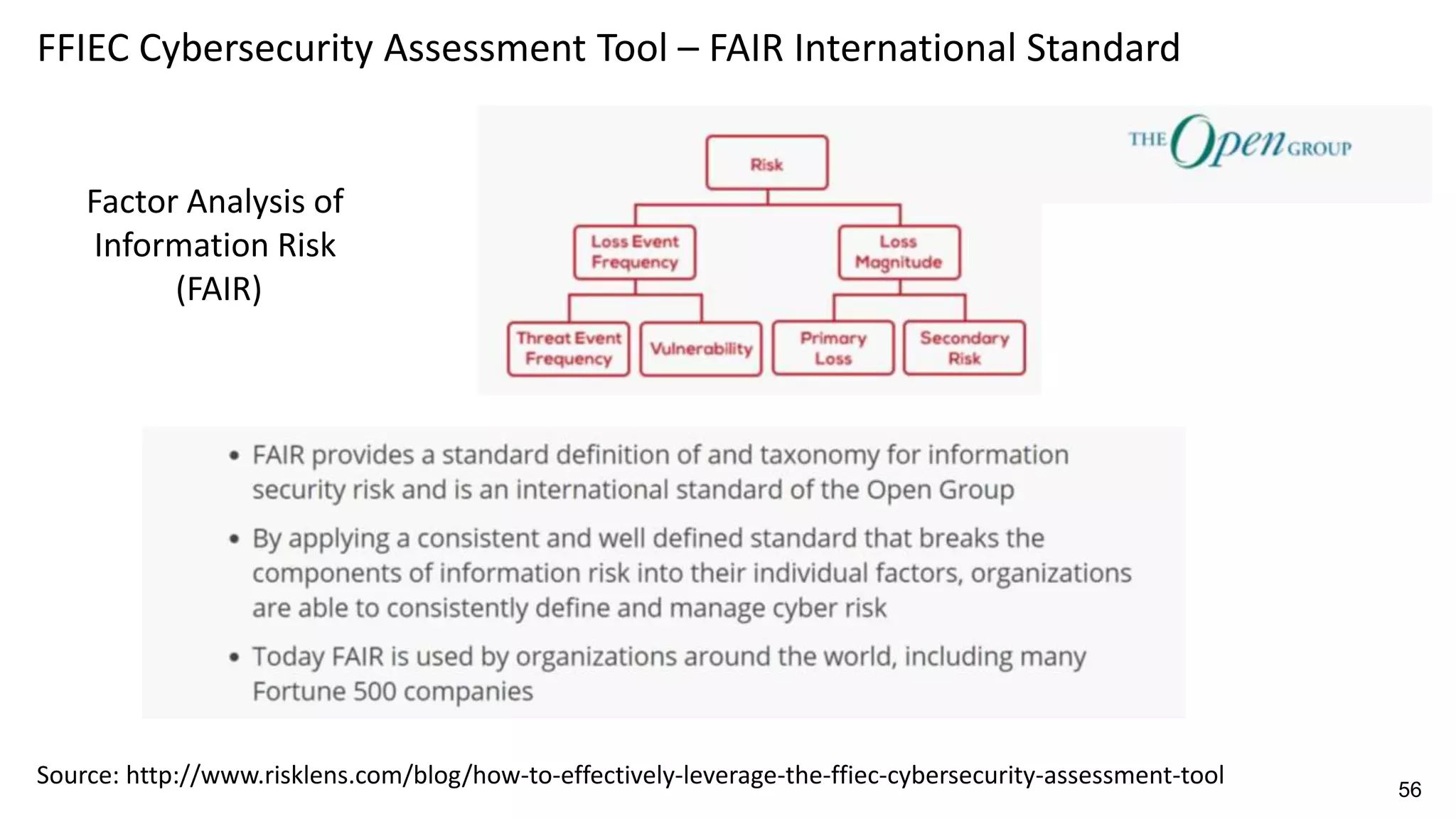 FFIEC Cybersecurity Assessment Tool – FAIR International Standard
Source: http://www.risklens.com/blog/how-to-effectively-leverage-the-ffiec-cybersecurity-assessment-tool
Factor Analysis of
Information Risk
(FAIR)
56
 