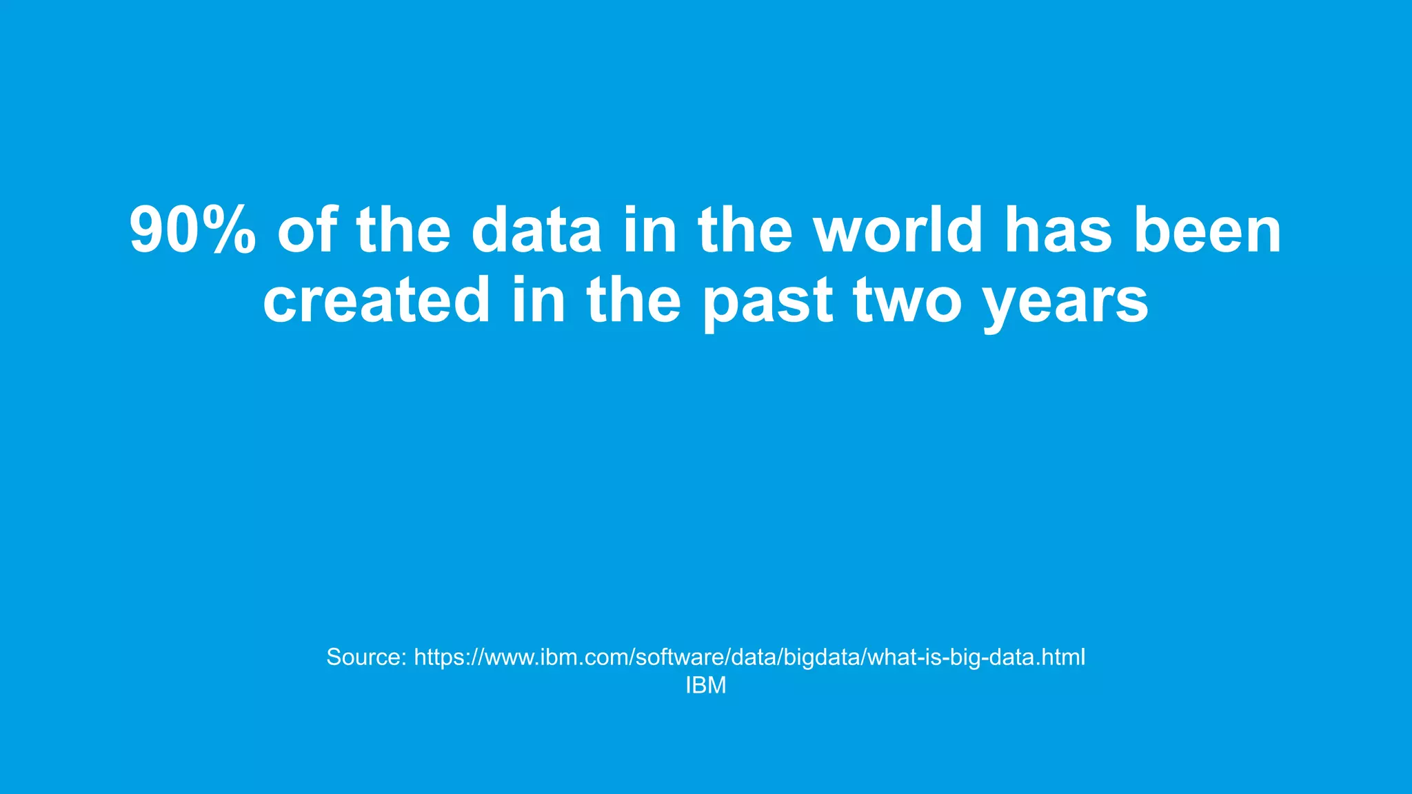 90% of the data in the world has been
created in the past two years
Source: https://www.ibm.com/software/data/bigdata/what-is-big-data.html
IBM
 