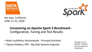 Uncovering an Apache Spark 2 Benchmark -
Configuration, Tuning and Test Results
• Mark Lochbihler, Hortonworks - Principal Architect
• Viplava Madasu, HPE - Big Data Systems Engineer
San Jose, California
JUNE 17–21, 2018
1
Tuesday, June 19
4:00 PM - 4:40 PM
Executive Ballroom
210C/D/G/H
 