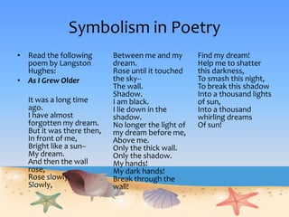 Symbolism in Poetry
• Read the following
poem by Langston
Hughes:
• As I Grew Older
It was a long time
ago.
I have almost
forgotten my dream.
But it was there then,
In front of me,
Bright like a sun--
My dream.
And then the wall
rose,
Rose slowly,
Slowly,
Between me and my
dream.
Rose until it touched
the sky--
The wall.
Shadow.
I am black.
I lie down in the
shadow.
No longer the light of
my dream before me,
Above me.
Only the thick wall.
Only the shadow.
My hands!
My dark hands!
Break through the
wall!
Find my dream!
Help me to shatter
this darkness,
To smash this night,
To break this shadow
Into a thousand lights
of sun,
Into a thousand
whirling dreams
Of sun!
 