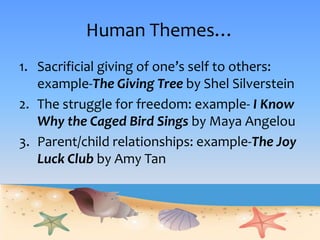 Human Themes…
1. Sacrificial giving of one’s self to others:
example-The Giving Tree by Shel Silverstein
2. The struggle for freedom: example- I Know
Why the Caged Bird Sings by Maya Angelou
3. Parent/child relationships: example-The Joy
Luck Club by Amy Tan
 