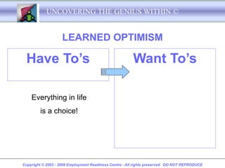 UNCOVERING THE GENIUS WITHIN ©


                    LEARNED OPTIMISM

 Have To’s                                              Want To’s

    Everything in life
         is a choice!




Copyright © 2003 - 2008 Employment Readiness Centre - All rights preserved. DO NOT REPRODUCE
 