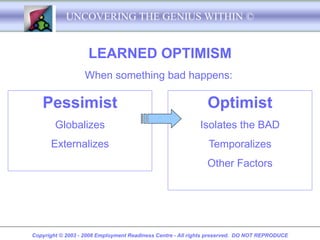 UNCOVERING THE GENIUS WITHIN ©


                    LEARNED OPTIMISM
                  When something bad happens:

   Pessimist                                                   Optimist
        Globalizes                                          Isolates the BAD
      Externalizes                                             Temporalizes
                                                               Other Factors




Copyright © 2003 - 2008 Employment Readiness Centre - All rights preserved. DO NOT REPRODUCE
 