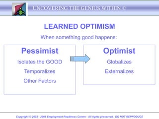 UNCOVERING THE GENIUS WITHIN ©


                    LEARNED OPTIMISM
                 When something good happens:

   Pessimist                                                   Optimist
 Isolates the GOOD                                               Globalizes
     Temporalizes                                               Externalizes
     Other Factors




Copyright © 2003 - 2008 Employment Readiness Centre - All rights preserved. DO NOT REPRODUCE
 