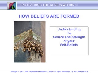 UNCOVERING THE GENIUS WITHIN ©


          HOW BELIEFS ARE FORMED

                                                    Understanding
                                                          the
                                                  Source and Strength
                                                        of your
                                                      Self-Beliefs




Copyright © 2003 - 2008 Employment Readiness Centre - All rights preserved. DO NOT REPRODUCE
 
