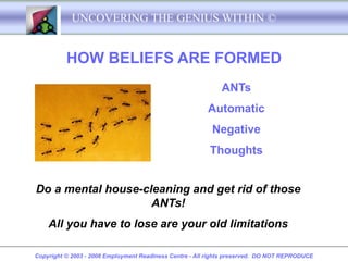 UNCOVERING THE GENIUS WITHIN ©


          HOW BELIEFS ARE FORMED
                                                             ANTs
                                                         Automatic
                                                          Negative
                                                         Thoughts


Do a mental house-cleaning and get rid of those
                    ANTs!
    All you have to lose are your old limitations

Copyright © 2003 - 2008 Employment Readiness Centre - All rights preserved. DO NOT REPRODUCE
 
