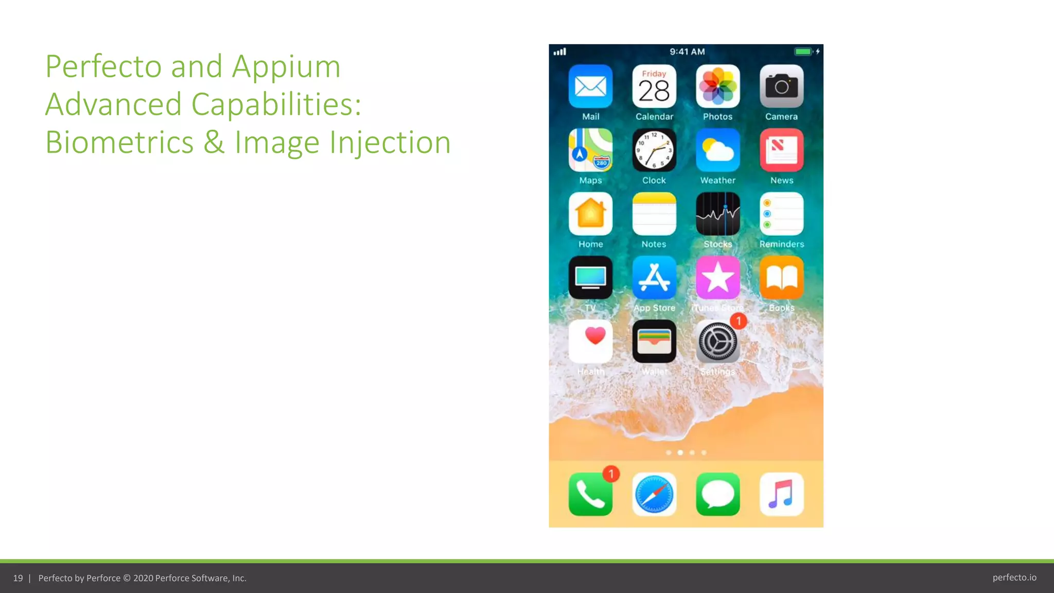 perfecto.io19 | Perfecto by Perforce © 2020 Perforce Software, Inc.
Perfecto and Appium
Advanced Capabilities:
Biometrics & Image Injection
 