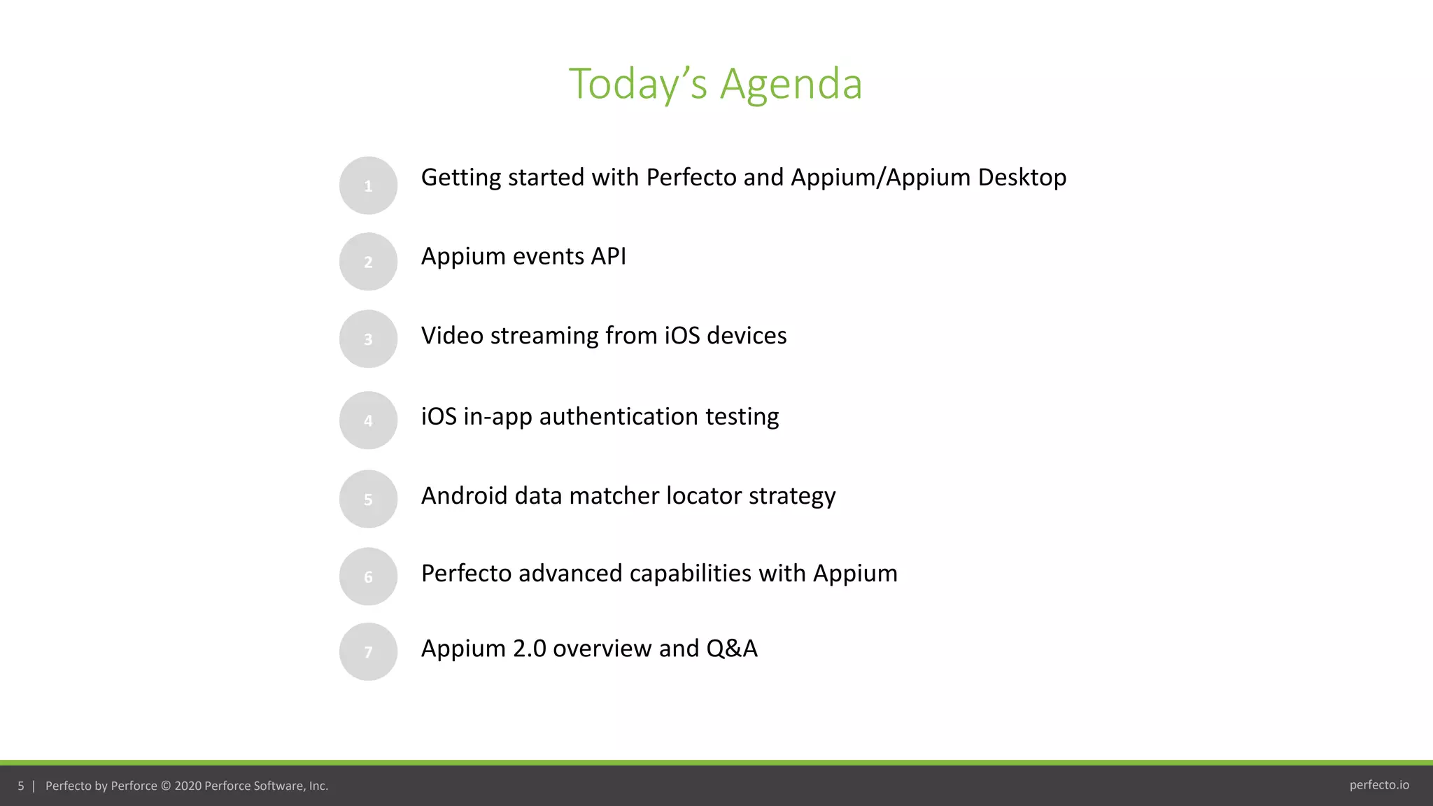 perfecto.io5 | Perfecto by Perforce © 2020 Perforce Software, Inc.
Today’s Agenda
1
2
3
Getting started with Perfecto and Appium/Appium Desktop
Appium events API
4
Video streaming from iOS devices
iOS in-app authentication testing
5 Android data matcher locator strategy
6 Perfecto advanced capabilities with Appium
7 Appium 2.0 overview and Q&A
 