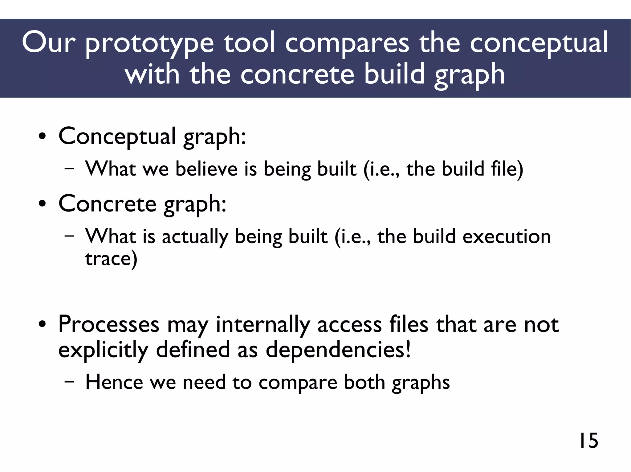 15
Our prototype tool compares the conceptual
with the concrete build graph
● Conceptual graph:
– What we believe is being built (i.e., the build file)
● Concrete graph:
– What is actually being built (i.e., the build execution
trace)
● Processes may internally access files that are not
explicitly defined as dependencies!
– Hence we need to compare both graphs
 