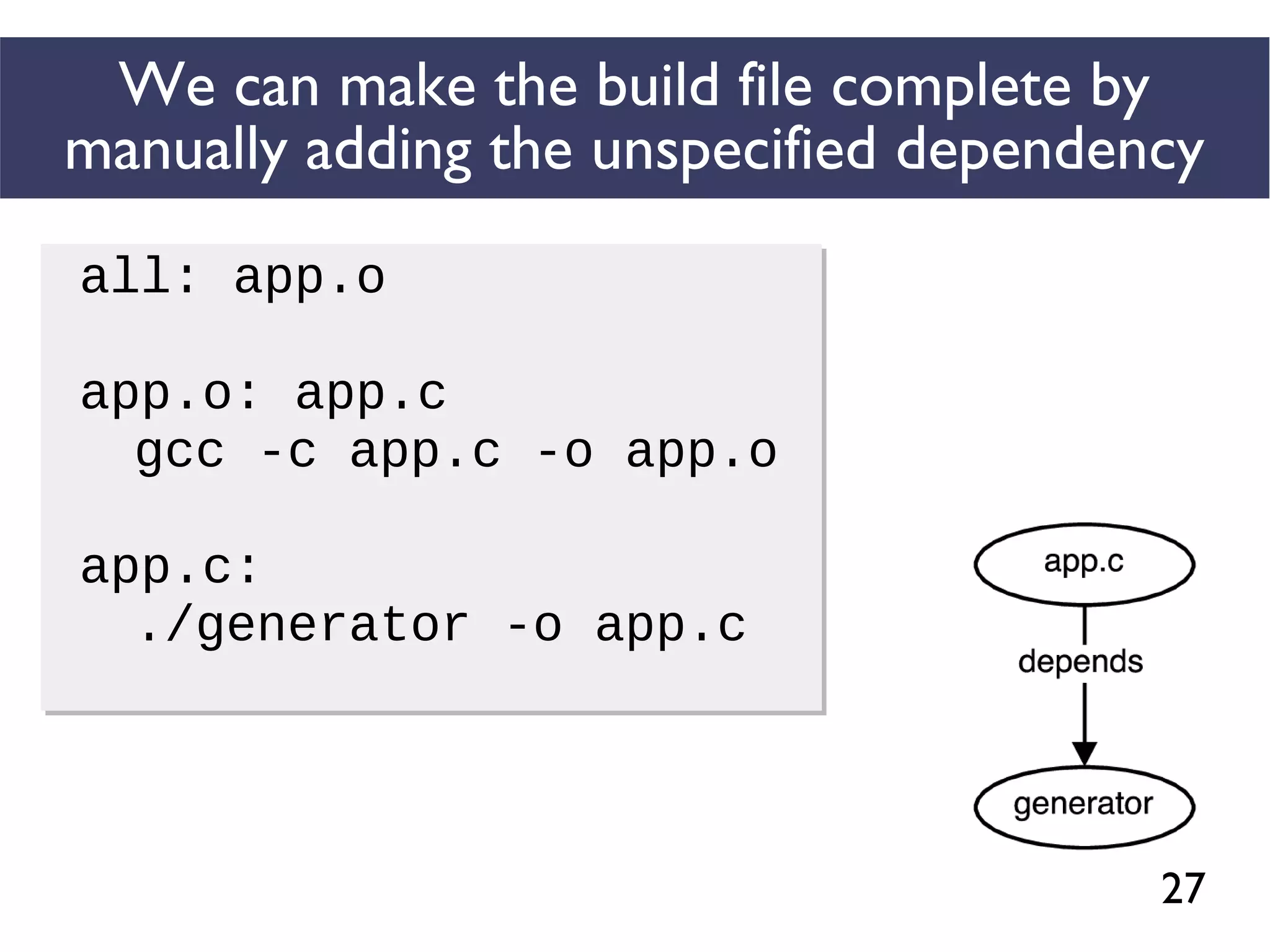 27
We can make the build file complete by
manually adding the unspecified dependency
all: app.o
app.o: app.c
gcc -c app.c -o app.o
app.c:
./generator -o app.c
all: app.o
app.o: app.c
gcc -c app.c -o app.o
app.c:
./generator -o app.c
 