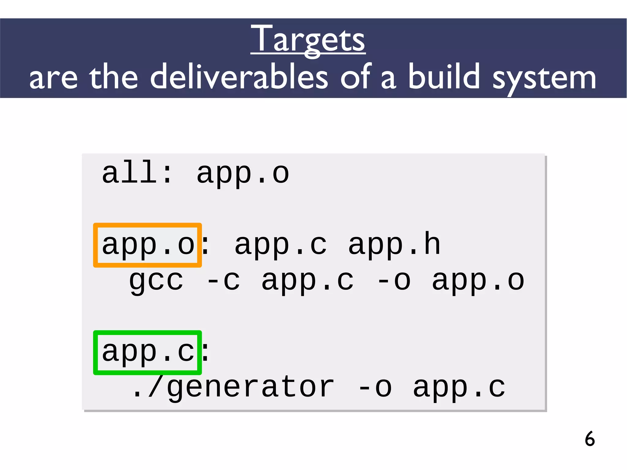 6
Targets
are the deliverables of a build system
all: app.o
app.o: app.c app.h
gcc -c app.c -o app.o
app.c:
./generator -o app.c
all: app.o
app.o: app.c app.h
gcc -c app.c -o app.o
app.c:
./generator -o app.c
 