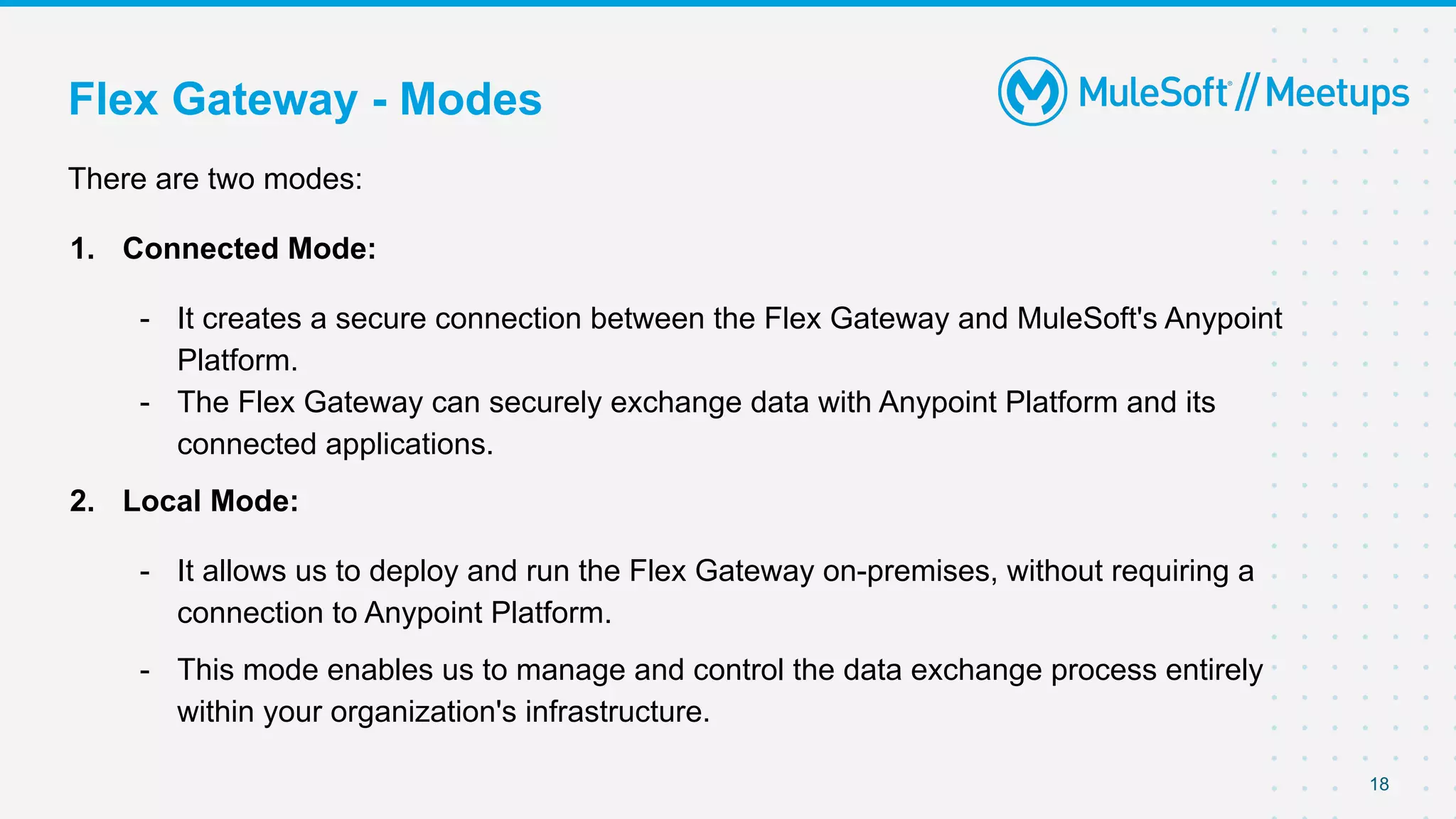 Flex Gateway - Modes
18
There are two modes:
1. Connected Mode:
- It creates a secure connection between the Flex Gateway and MuleSoft's Anypoint
Platform.
- The Flex Gateway can securely exchange data with Anypoint Platform and its
connected applications.
2. Local Mode:
- It allows us to deploy and run the Flex Gateway on-premises, without requiring a
connection to Anypoint Platform.
- This mode enables us to manage and control the data exchange process entirely
within your organization's infrastructure.
 