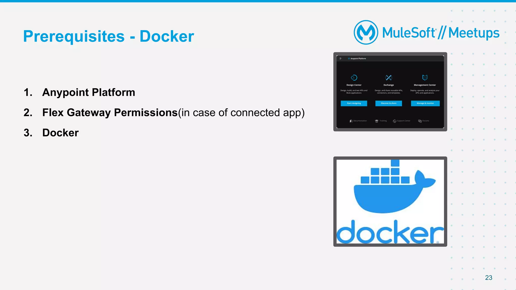 Prerequisites - Docker
1. Anypoint Platform
2. Flex Gateway Permissions(in case of connected app)
3. Docker
23
 