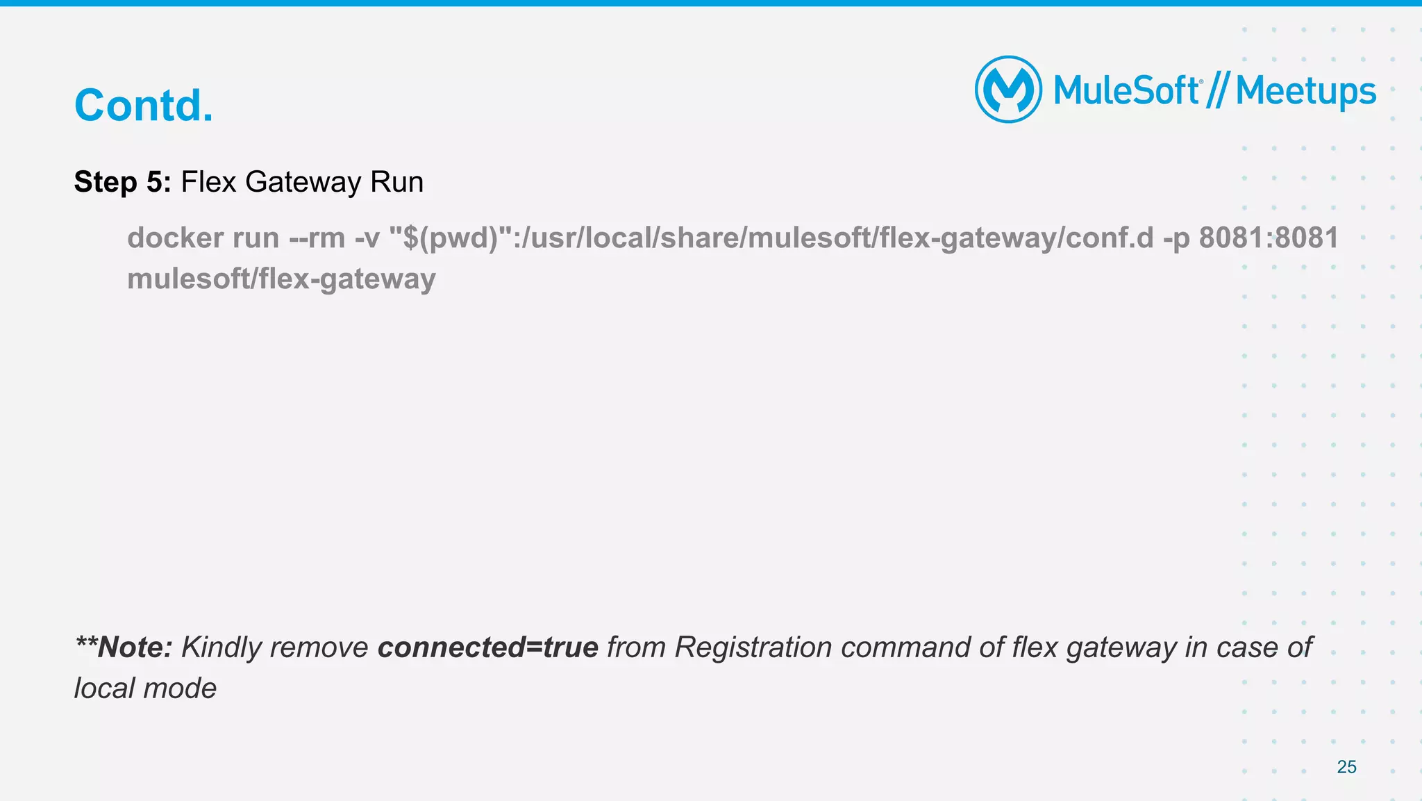 Contd.
Step 5: Flex Gateway Run
docker run --rm -v "$(pwd)":/usr/local/share/mulesoft/flex-gateway/conf.d -p 8081:8081
mulesoft/flex-gateway
**Note: Kindly remove connected=true from Registration command of flex gateway in case of
local mode
25
 