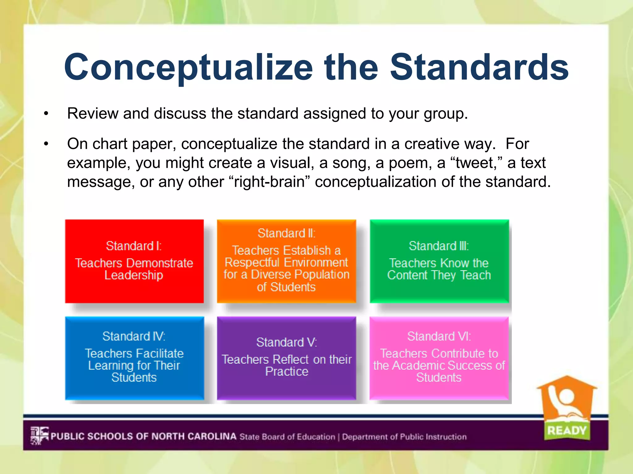 Conceptualize the Standards
•   Review and discuss the standard assigned to your group.
•   On chart paper, conceptualize the standard in a creative way. For
    example, you might create a visual, a song, a poem, a “tweet,” a text
    message, or any other “right-brain” conceptualization of the standard.
 